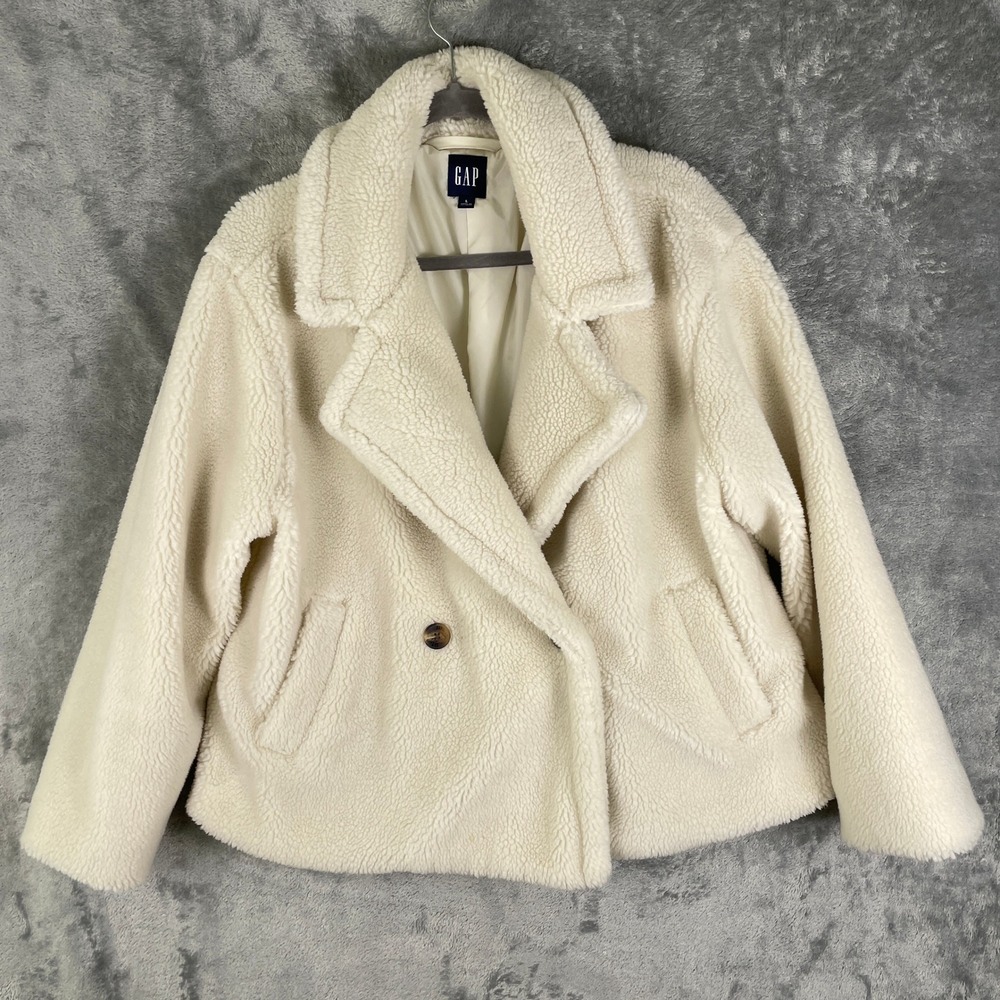 GAP Teddy Coat Women Large Cream VGUC Double Breasted Faux Fur Jacket GP001938